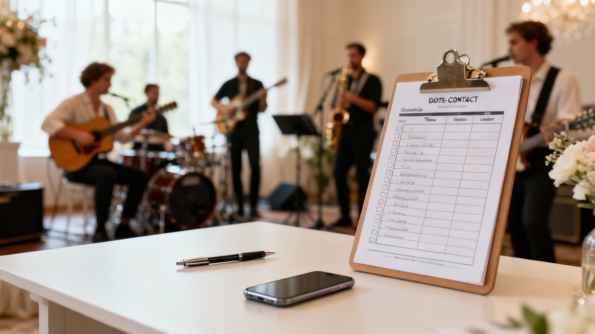 A live band performs in the background while a clipboard, pen, and smartphone sit on a table.