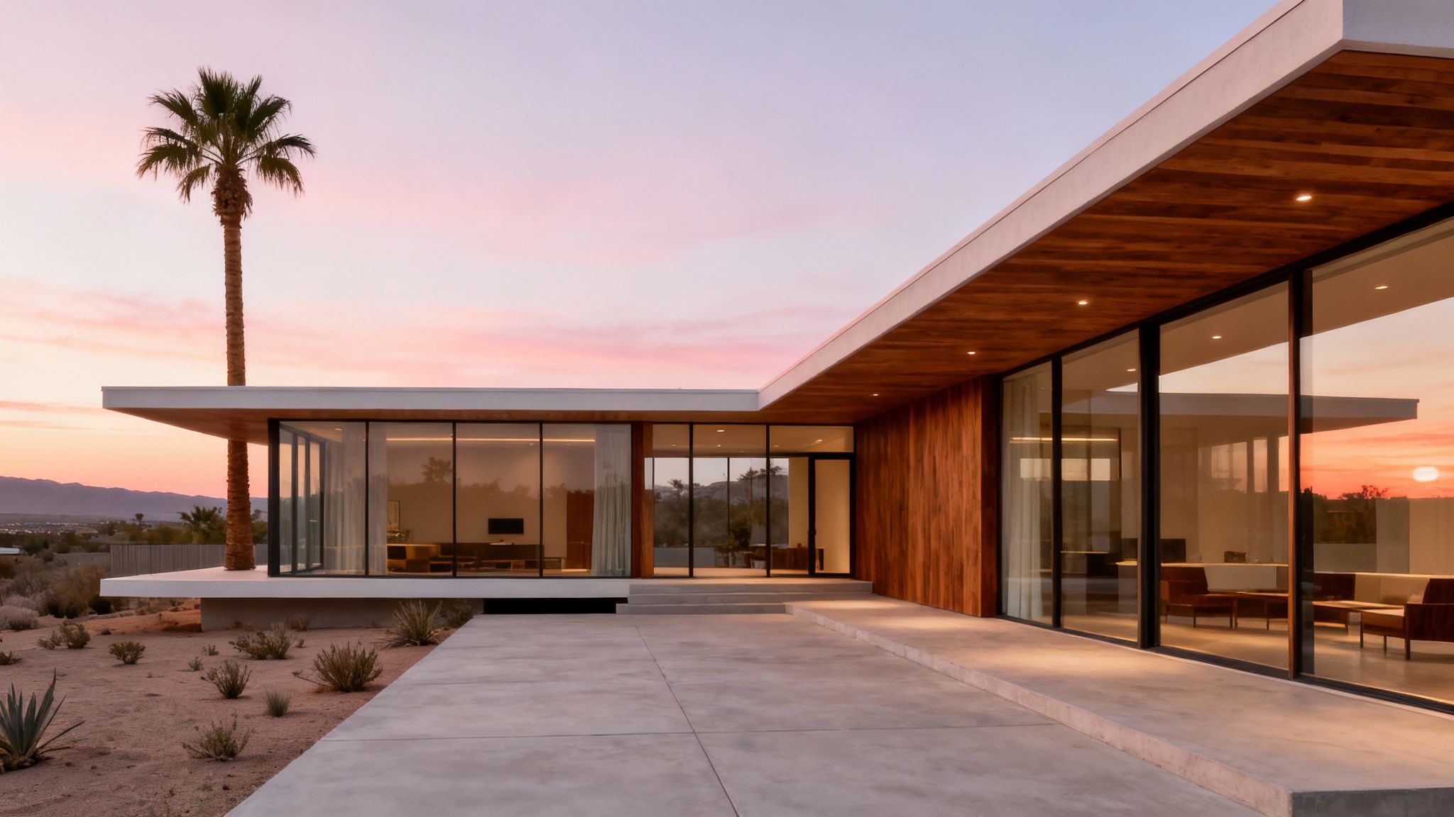 Stunning modern desert home with a concrete patio, large windows, and a vibrant sunset sky.