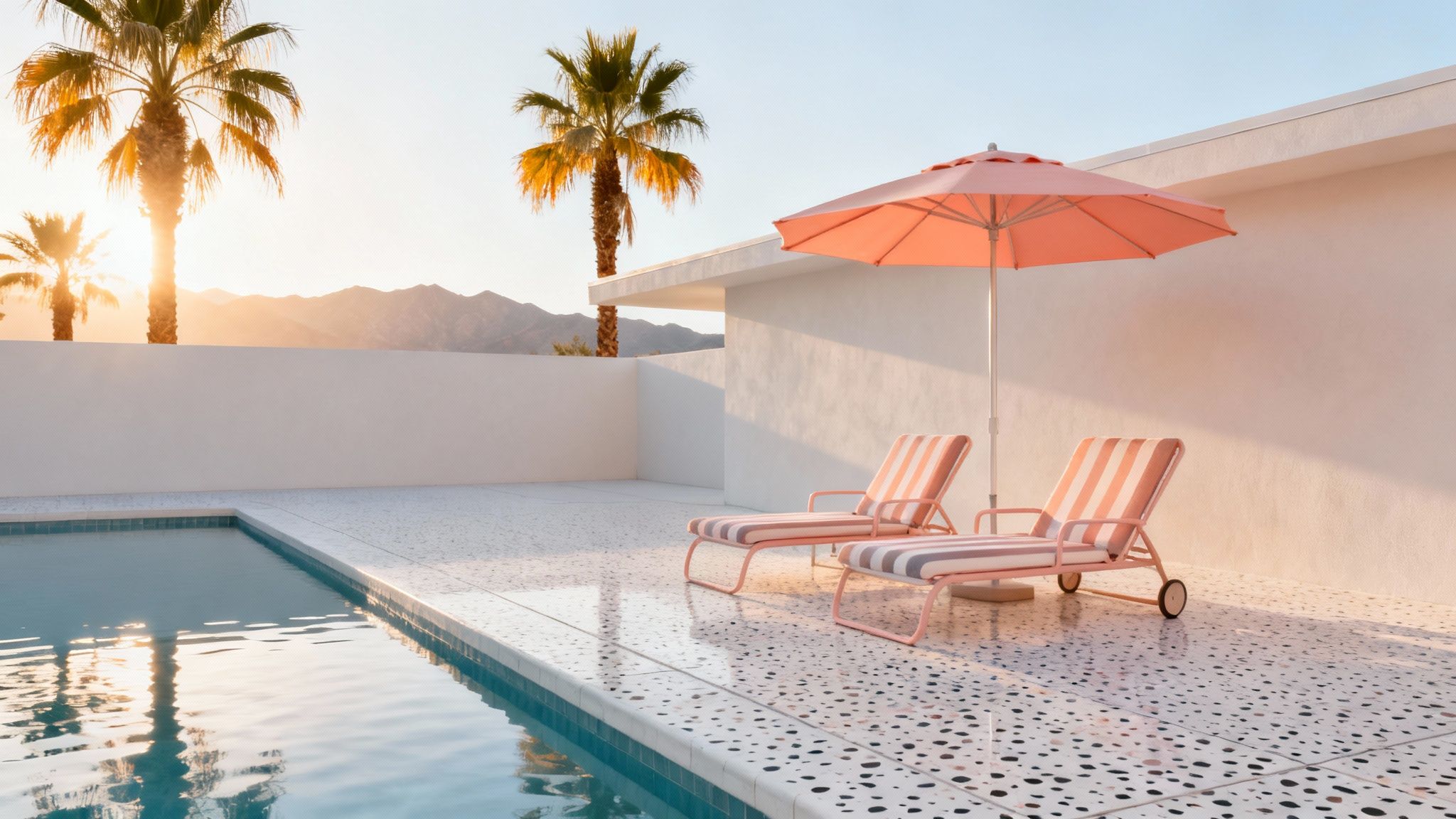 A stylish poolside patio with pink lounge chairs and umbrella under a sunny California sky with palm trees and mountains.