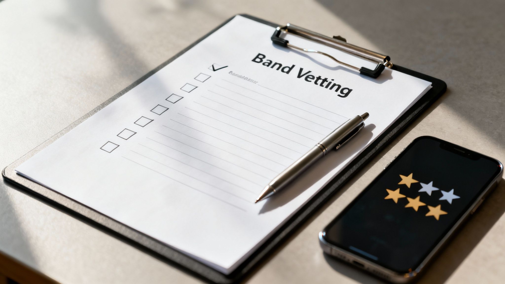 Clipboard with 'Band Vetting' checklist, a pen, and a smartphone displaying a 3-star rating.