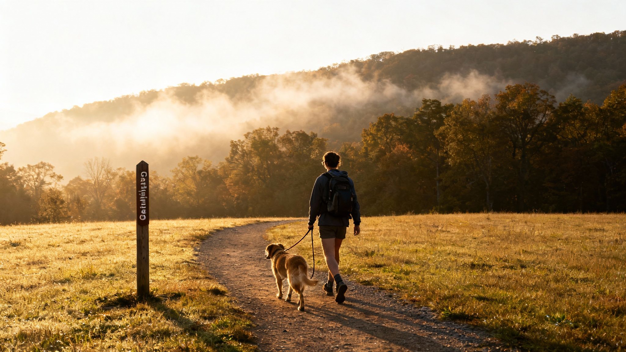 A person and their dog walk on a sunny path through a misty mountain valley.