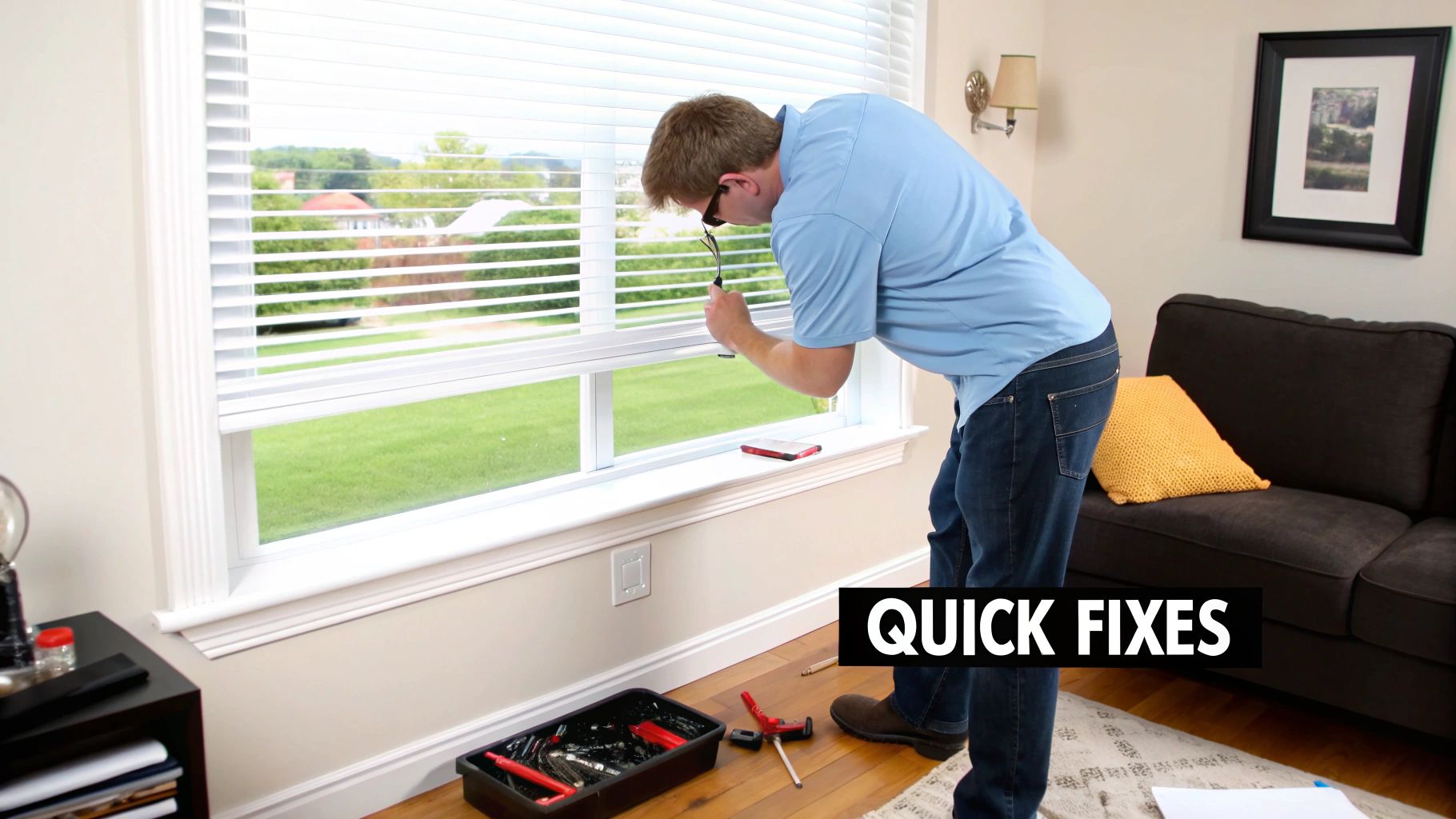 A man in a blue shirt is repairing white window blinds inside a home with tools on the floor.