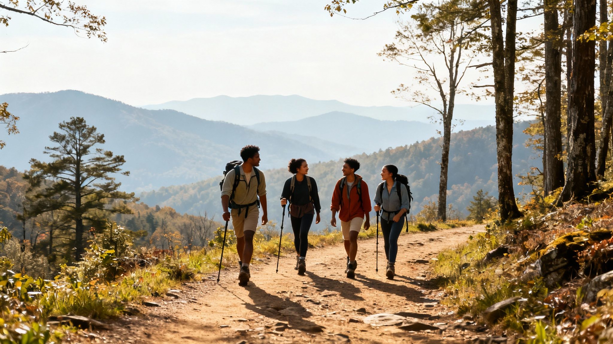 Four diverse friends hike a mountain trail with scenic views, carrying backpacks and using poles.