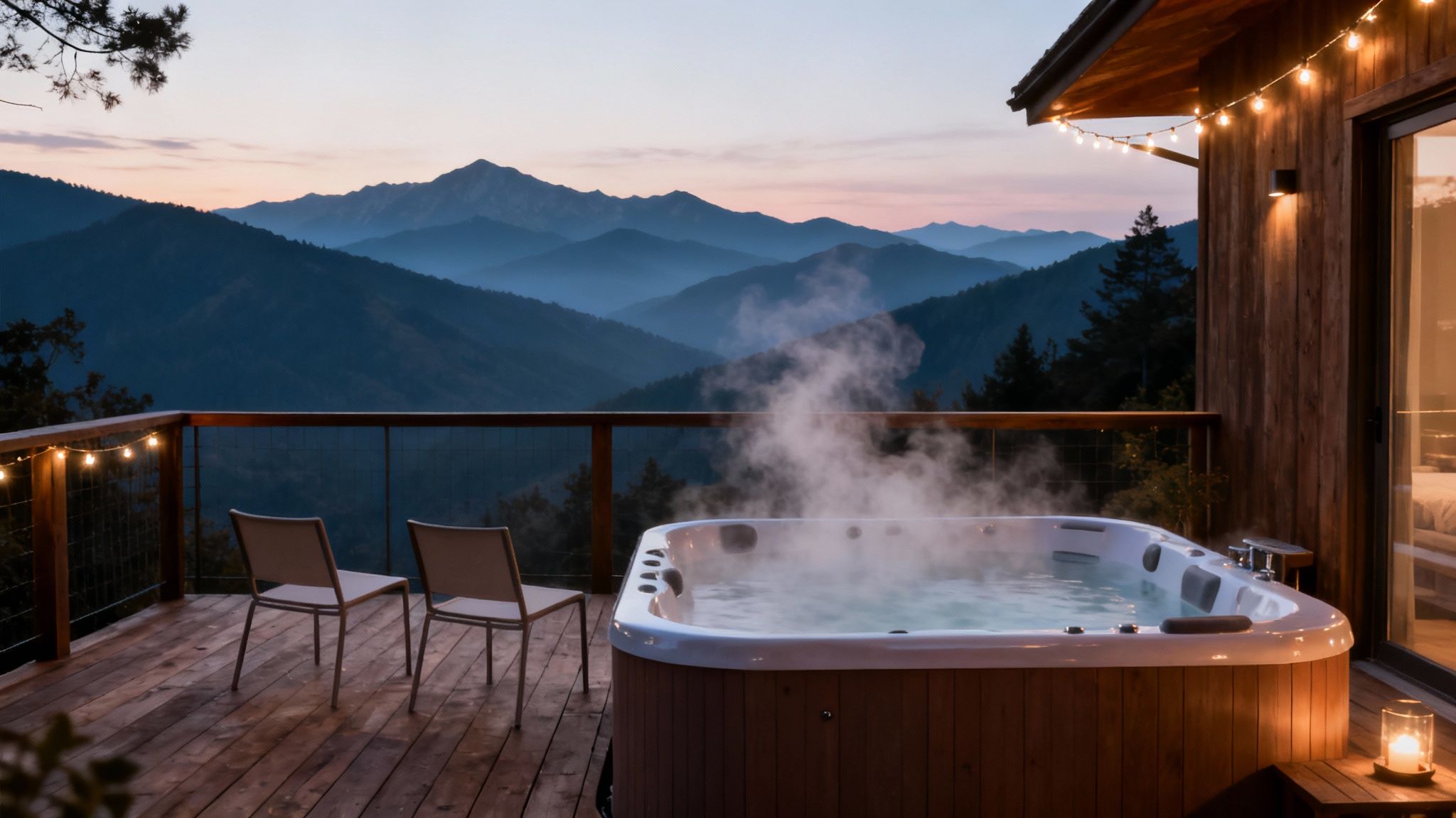 Mountain cabin deck with a steaming hot tub, string lights, and stunning mountain views at sunset.