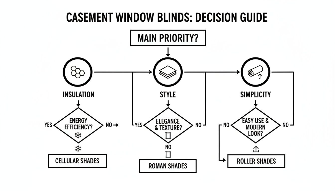 Flowchart decision guide for choosing casement window blinds based on insulation, style, and simplicity.