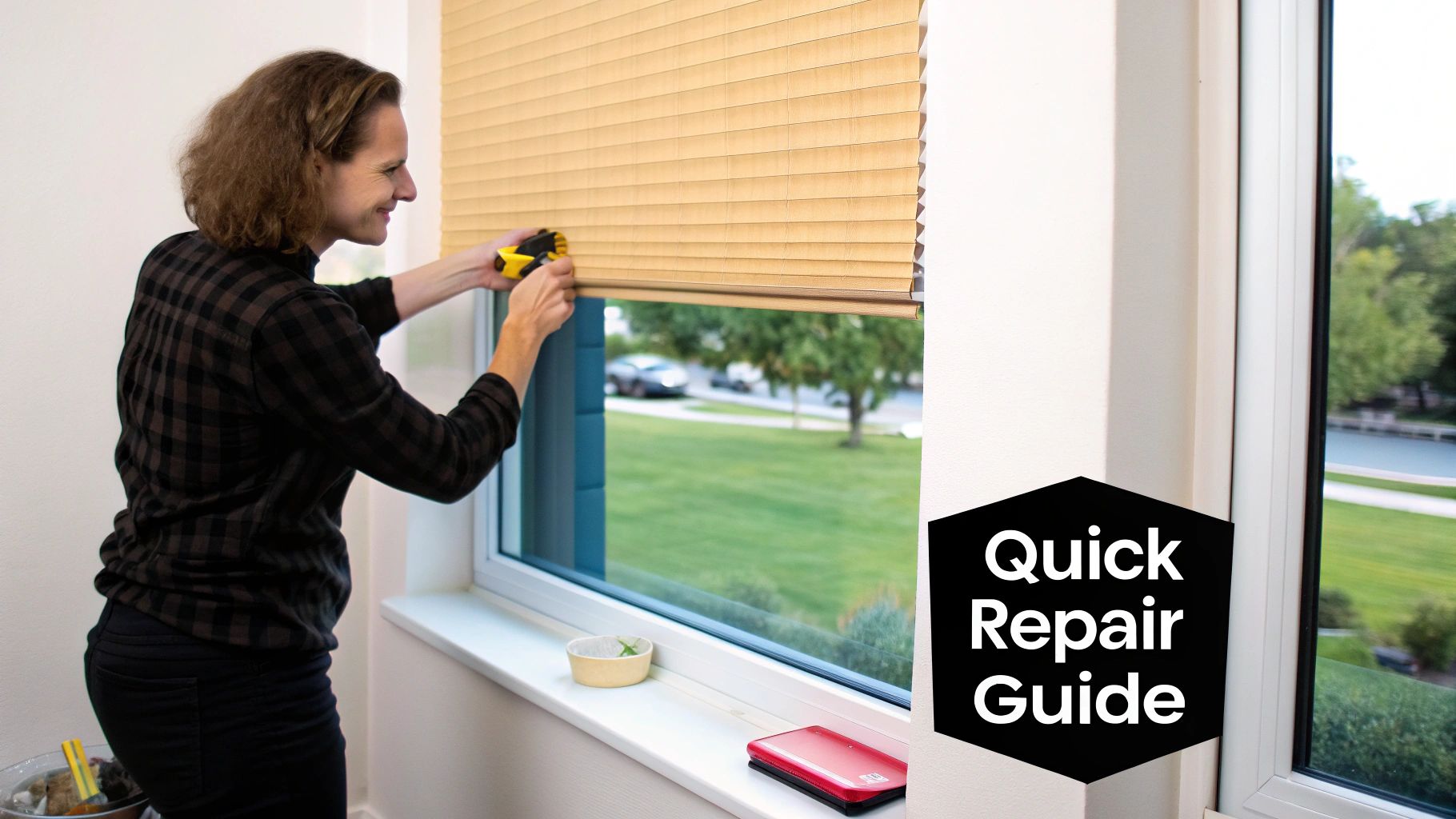 Smiling woman using a yellow tool to repair light brown cellular window shades at home.