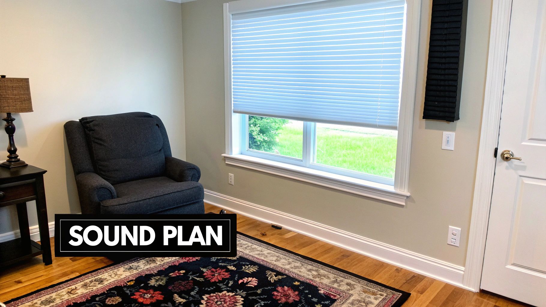 A cozy room interior with a gray armchair, lamp, patterned rug, and window blinds.