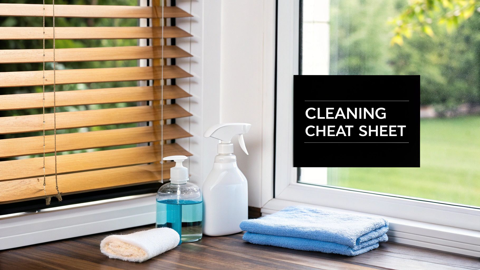Cleaning supplies, including a spray bottle and soap, sit on a windowsill next to a window blinds.