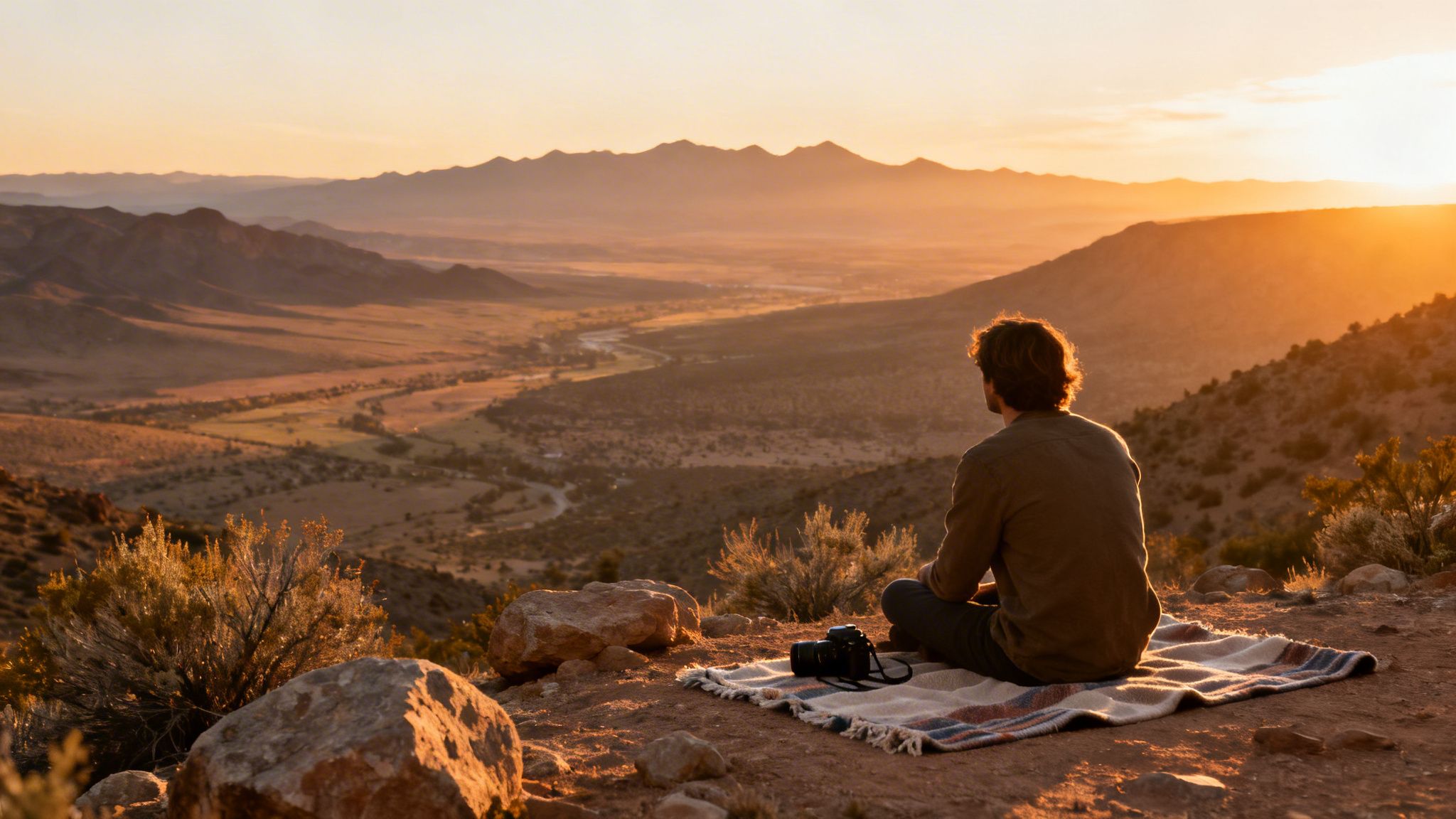 A person sits on a blanket with a camera, watching a golden sunset over a vast desert valley.