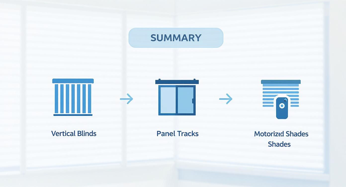 Summary diagram displaying vertical blinds, panel tracks, and motorized window shades with a remote.