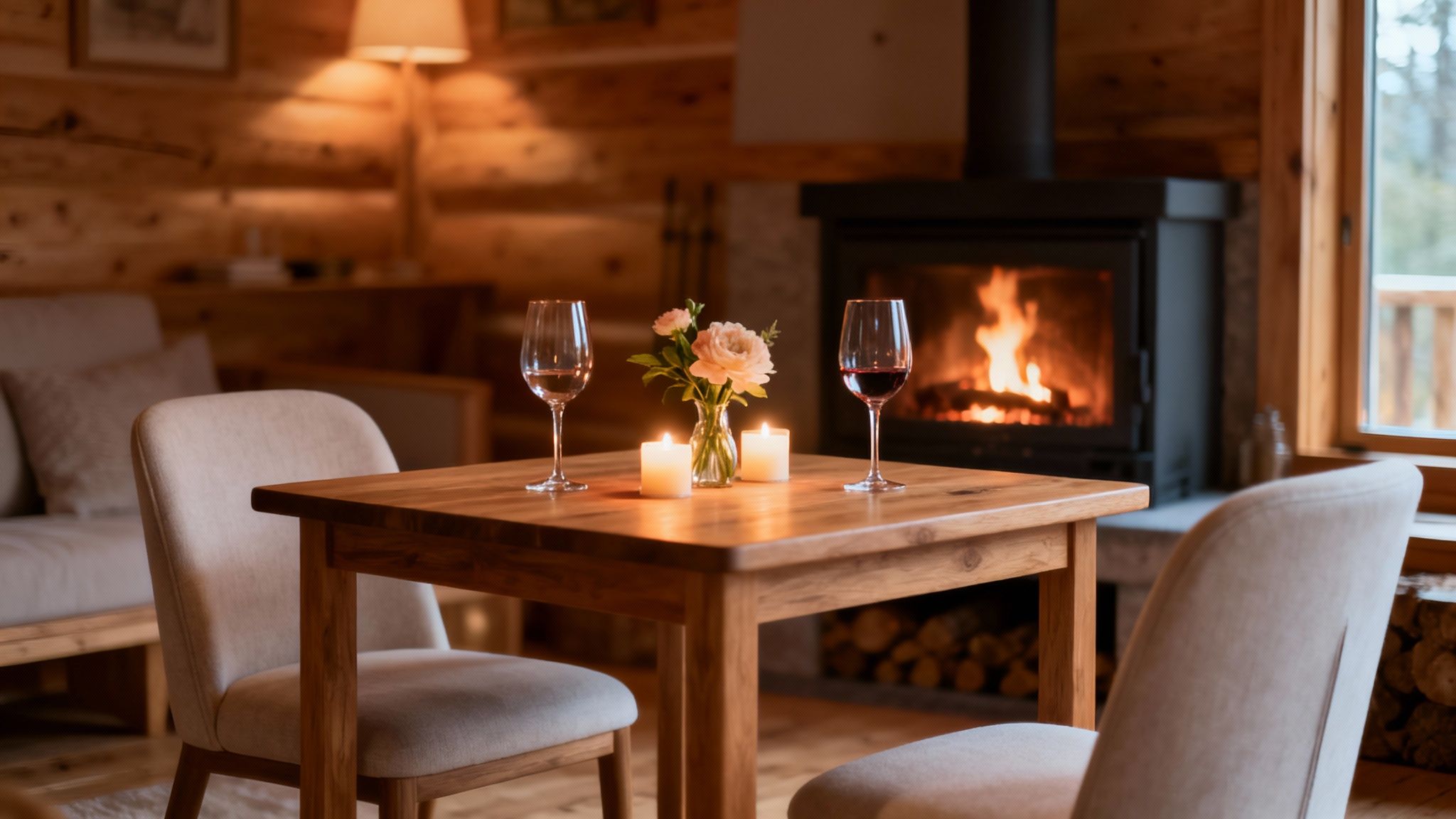 A cozy romantic dinner setup in a log cabin with wine, candles, and a fireplace.