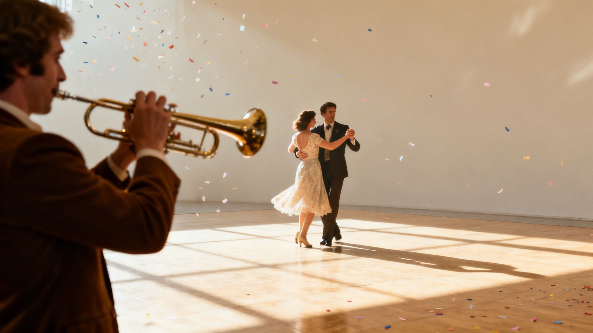 A musician plays trumpet as a couple elegantly dances under falling confetti and sunlight.