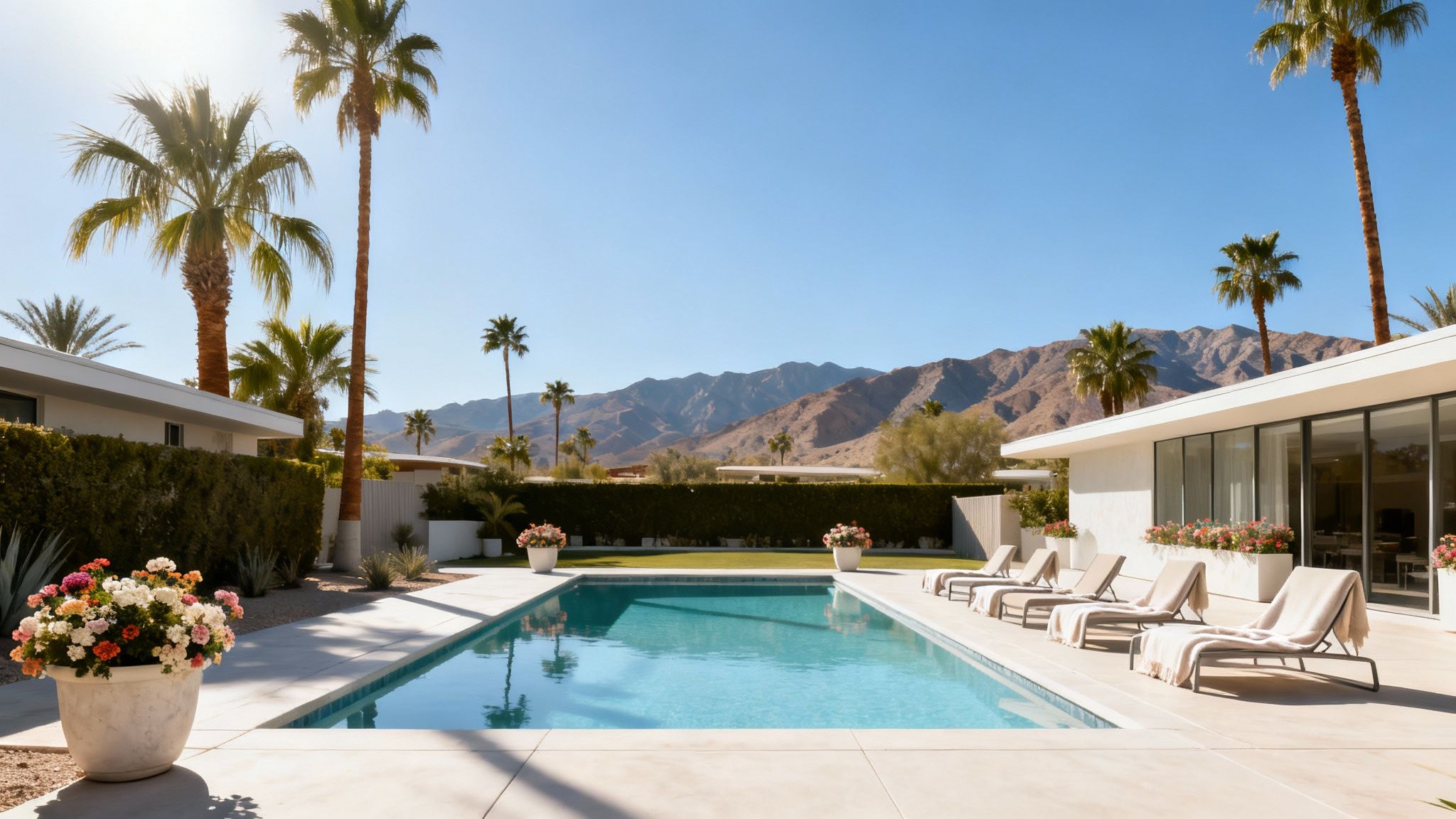 A mid-century modern luxury pool area with lounge chairs, palm trees, and desert mountains.