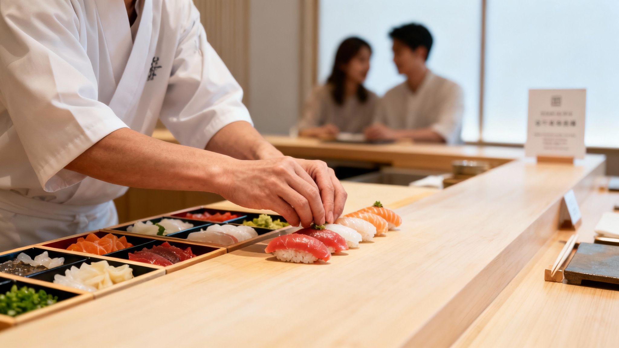 A sushi chef carefully places toppings on freshly made tuna nigiri at a sushi bar.