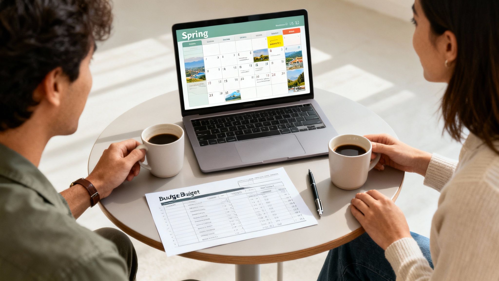 A couple plans a spring getaway, looking at a travel calendar on a laptop with coffee.