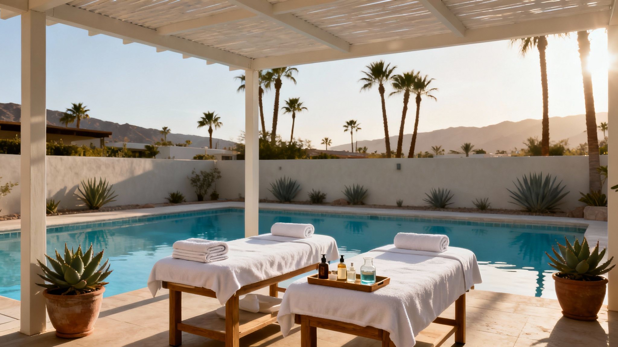Two outdoor massage tables by a resort pool at sunset, with palm trees and mountains.