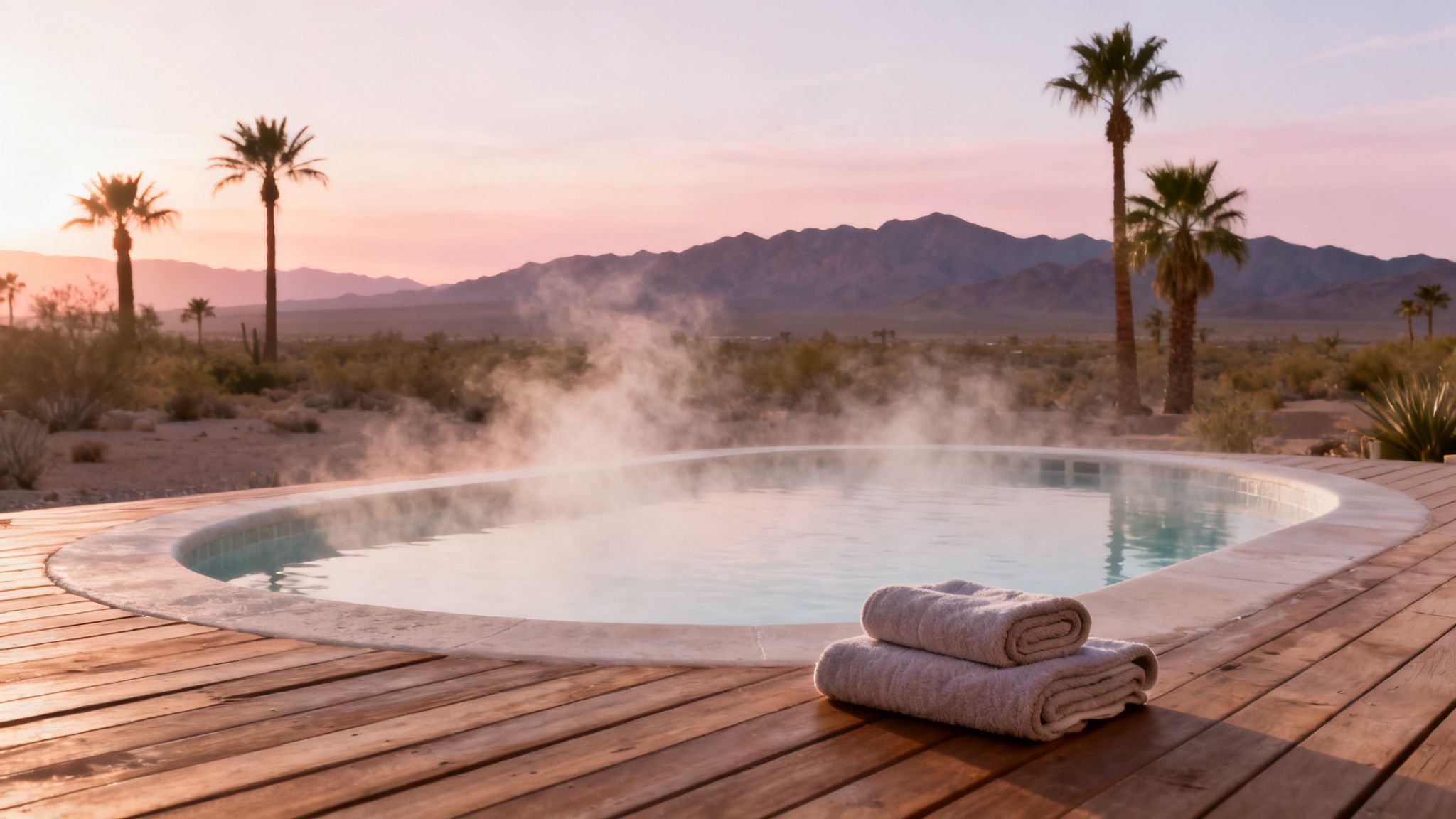 A steaming hot tub on a wooden deck at sunset, surrounded by palm trees and desert mountains.