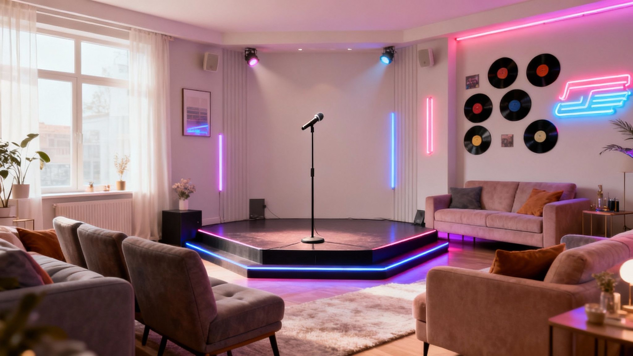 A vibrant room with a stage, microphone, neon lights, vinyl records, and audience seating for a party.
