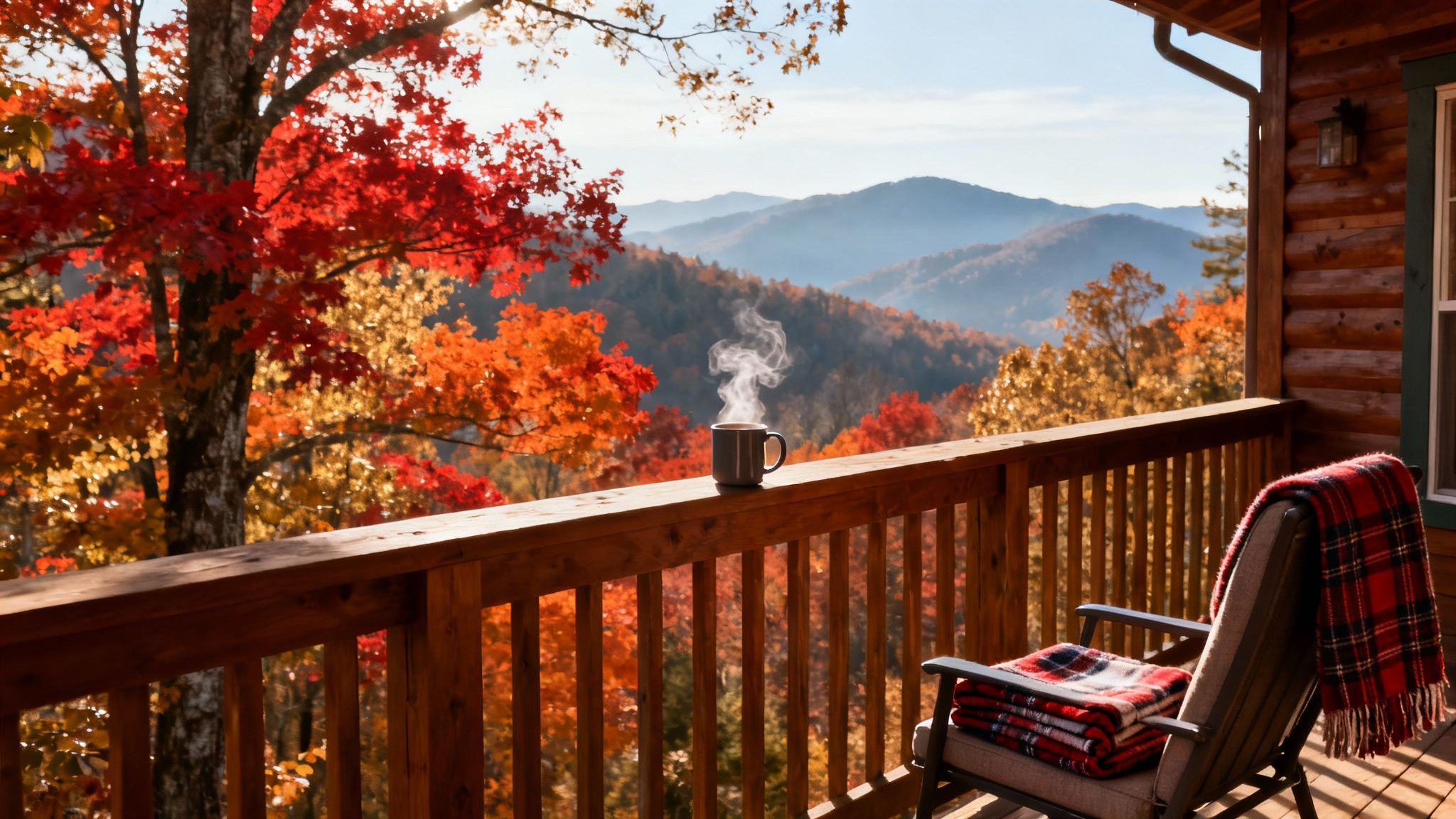 Steaming mug on a cabin porch railing overlooking vibrant autumn trees and misty mountains.