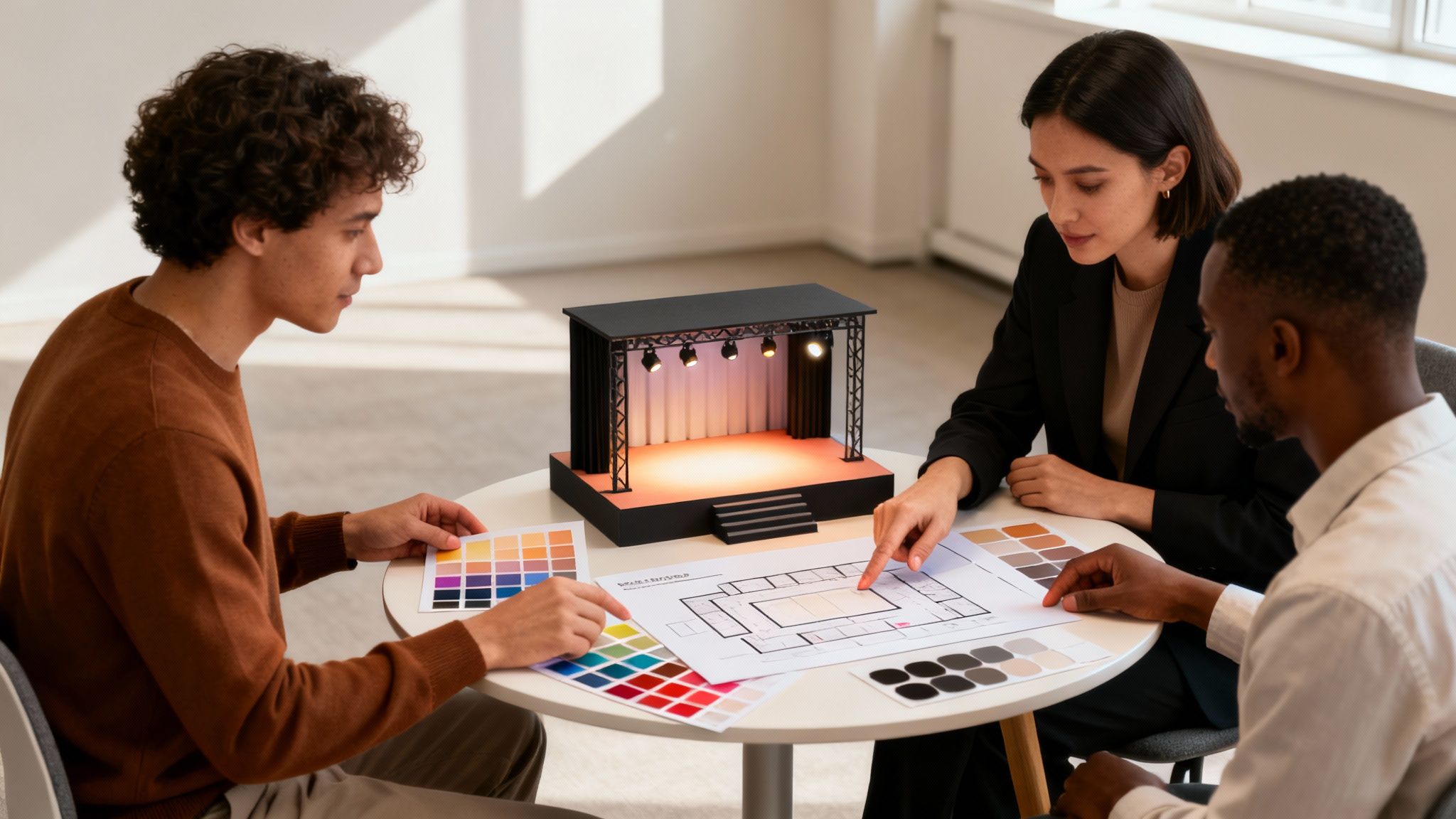 Diverse event planners discussing stage design with a miniature model, floor plan, and color swatches.