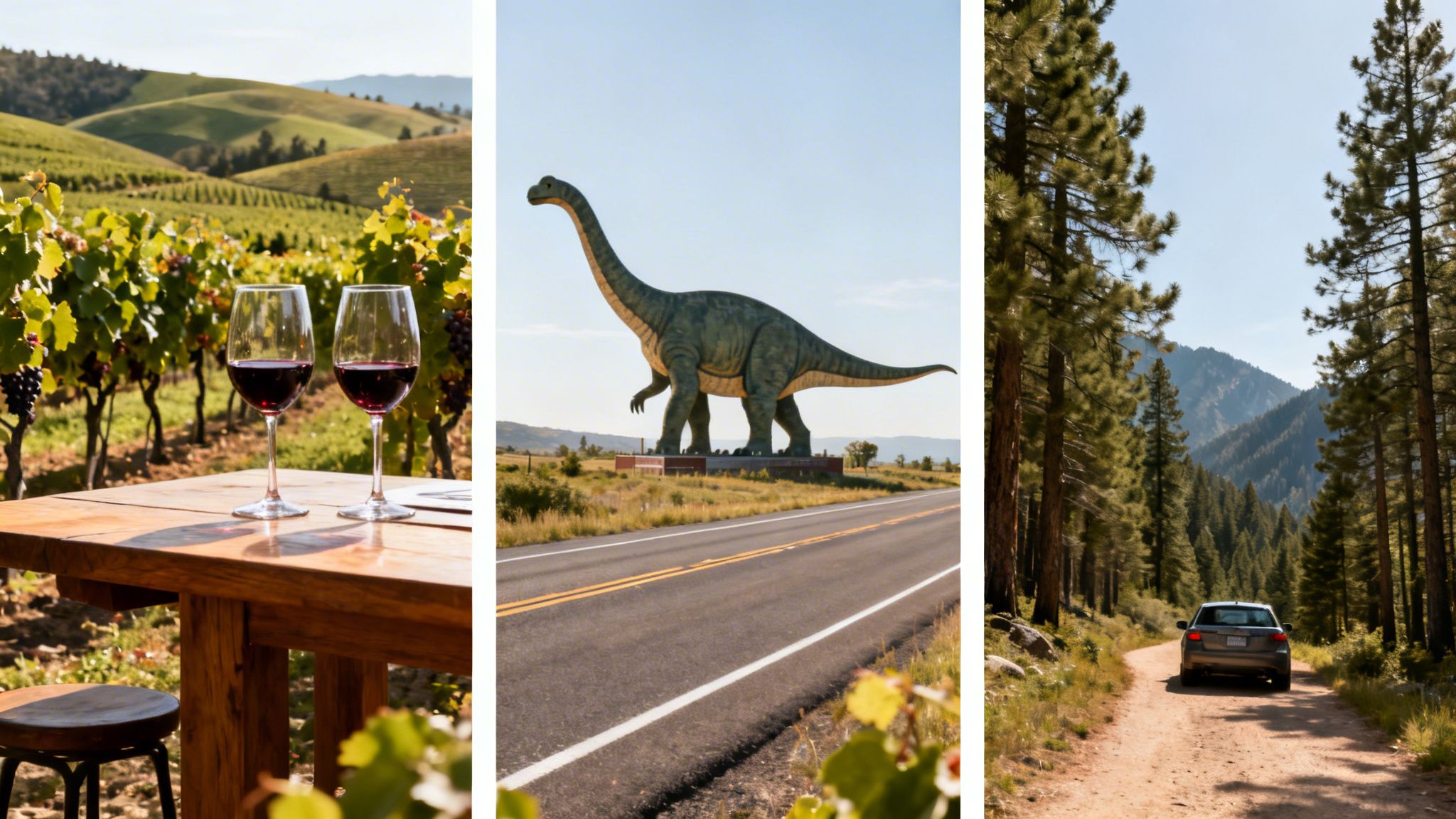 A triptych displaying a vineyard with wine glasses, a large dinosaur statue, and a car on a forest road.