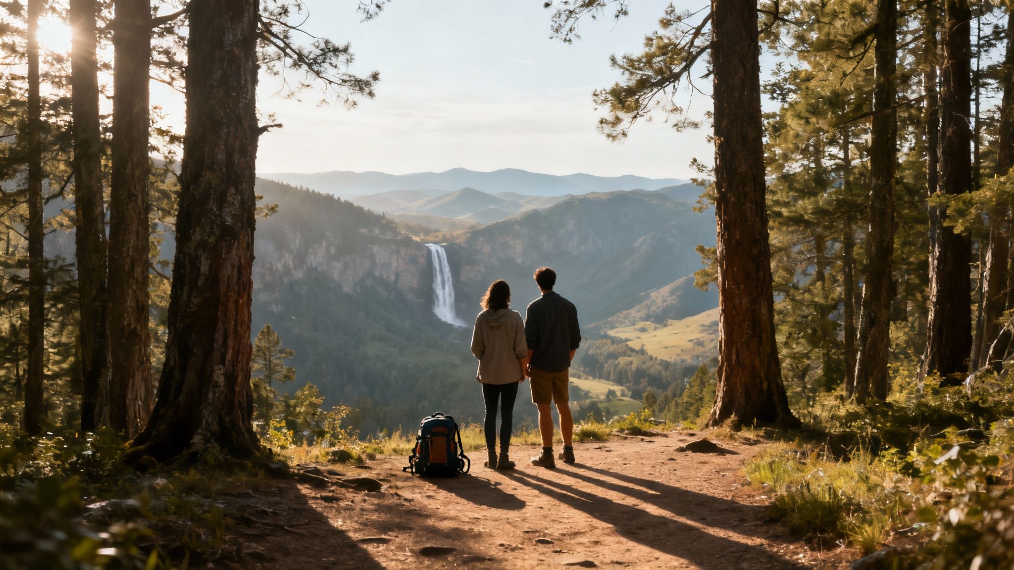 A couple stands on a mountain path, admiring a majestic waterfall in a lush valley with a backpack nearby.