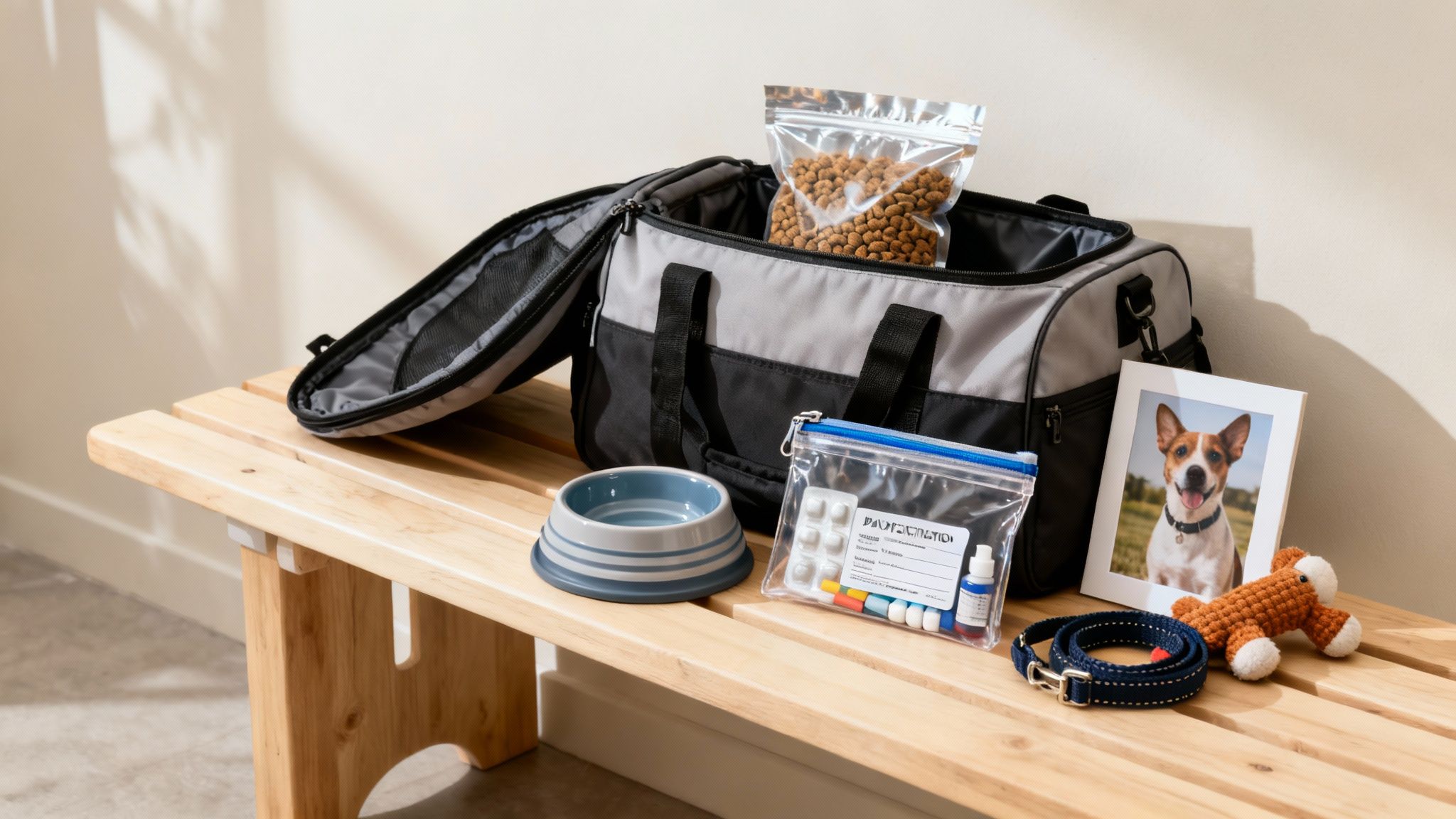 Pet travel essentials including a carrier bag, food, water bowl, medicine, collar, and toy on a wooden bench.