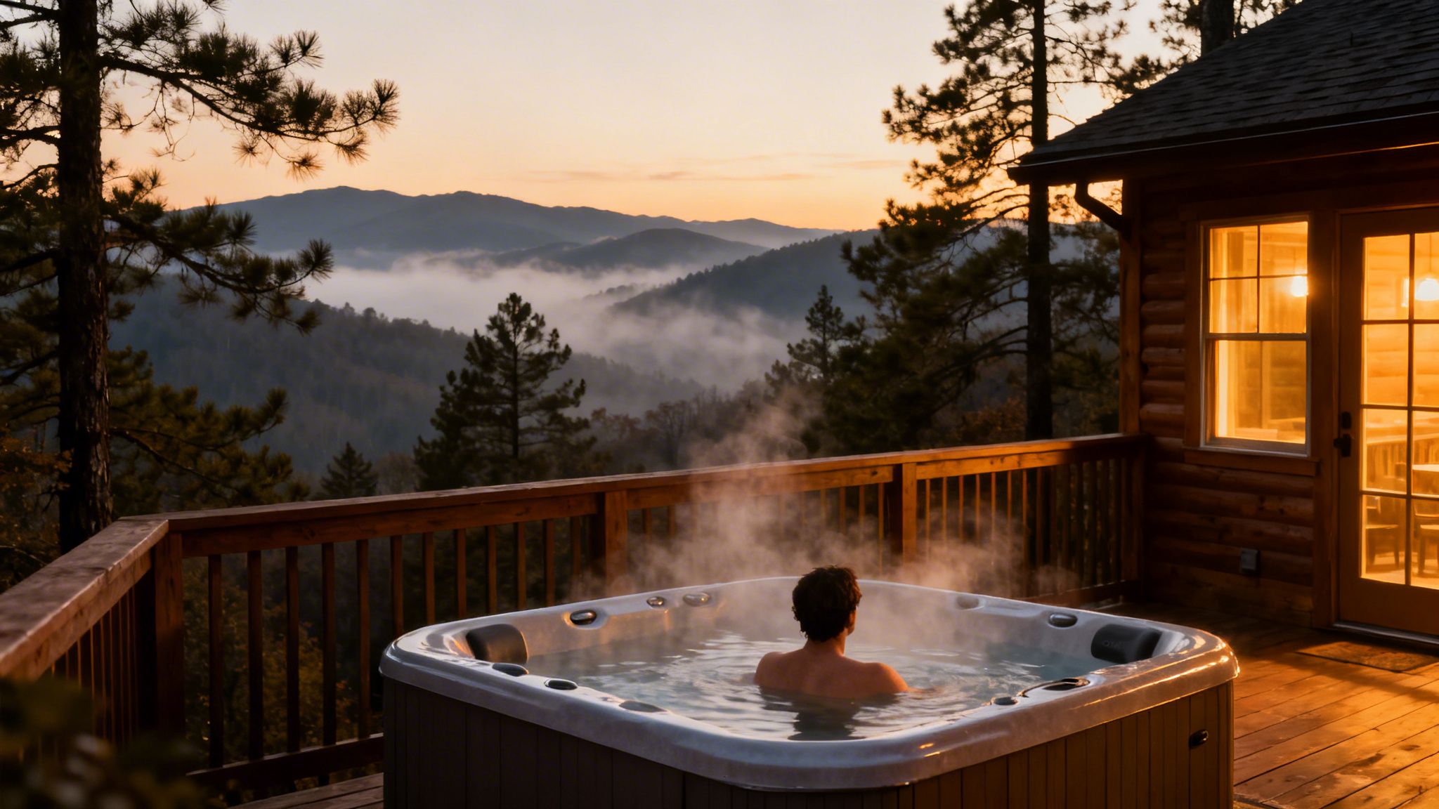 Person relaxing in a steaming hot tub on a cabin deck overlooking misty mountains at sunset.