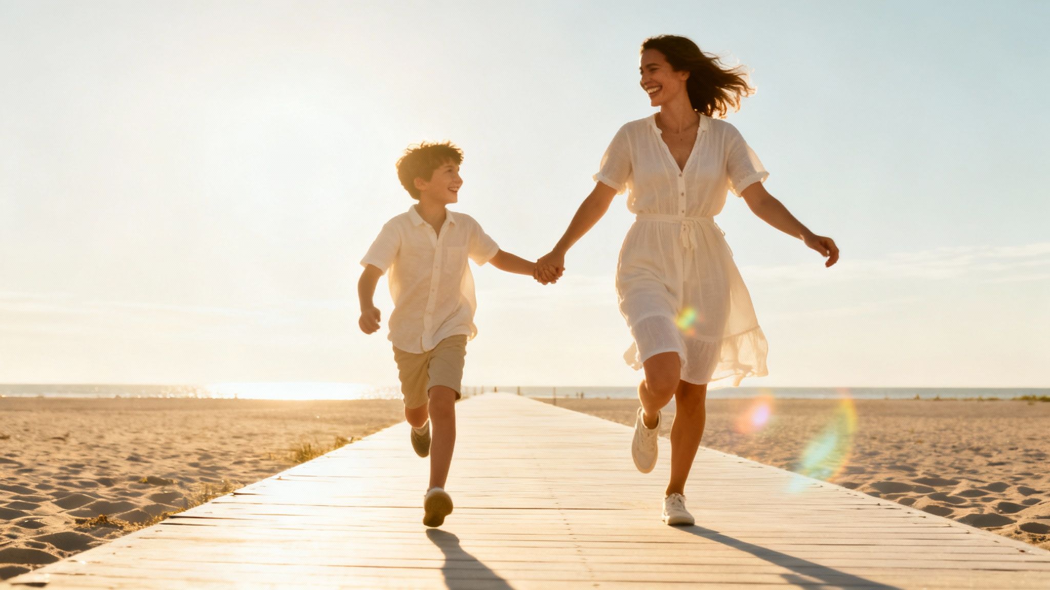 Joyful mother and son running hand-in-hand on a beach boardwalk at sunset.