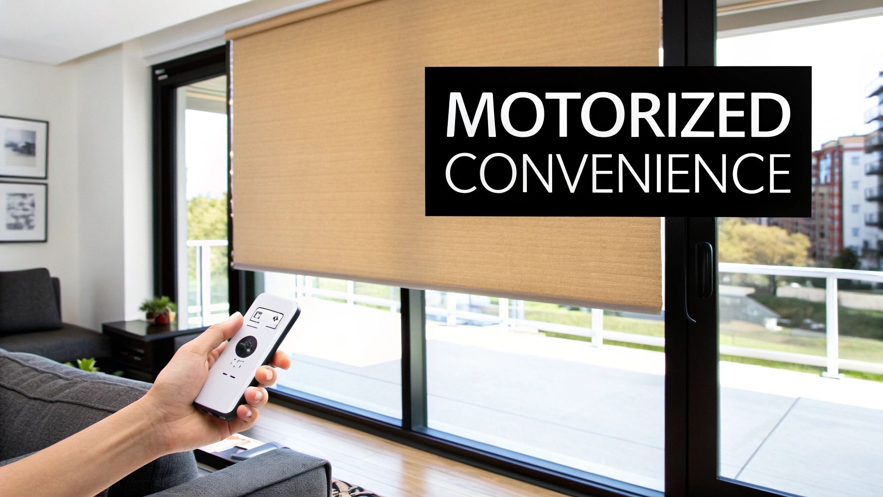 A hand holds a remote to control a beige motorized roller shade covering a large window, offering convenience.