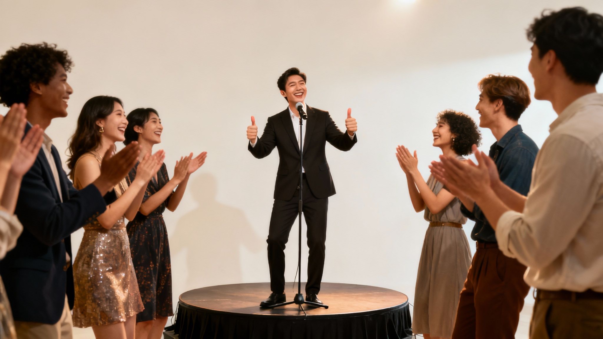 A crowd of people dancing and cheering at a live music event, with the band on stage.