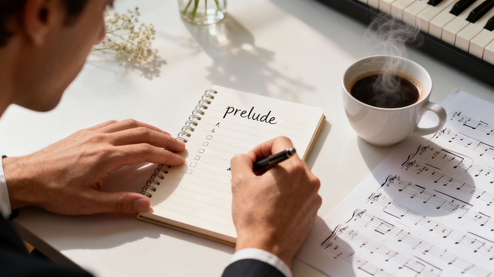 A person writes 'prelude' in a notebook, surrounded by music sheets, coffee, and a piano.