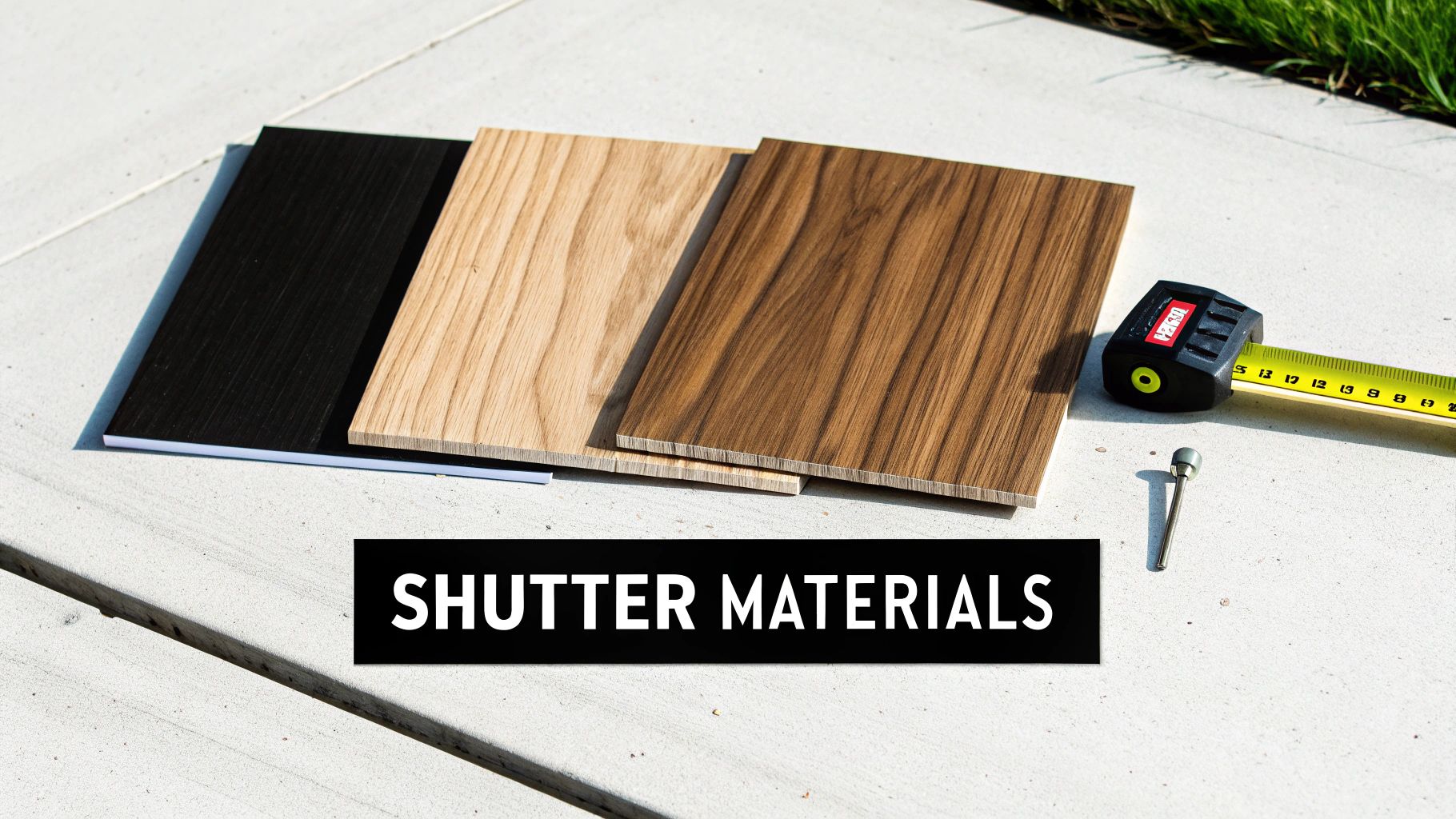 Samples of various shutter materials, including black, light wood, and dark wood, with a tape measure.