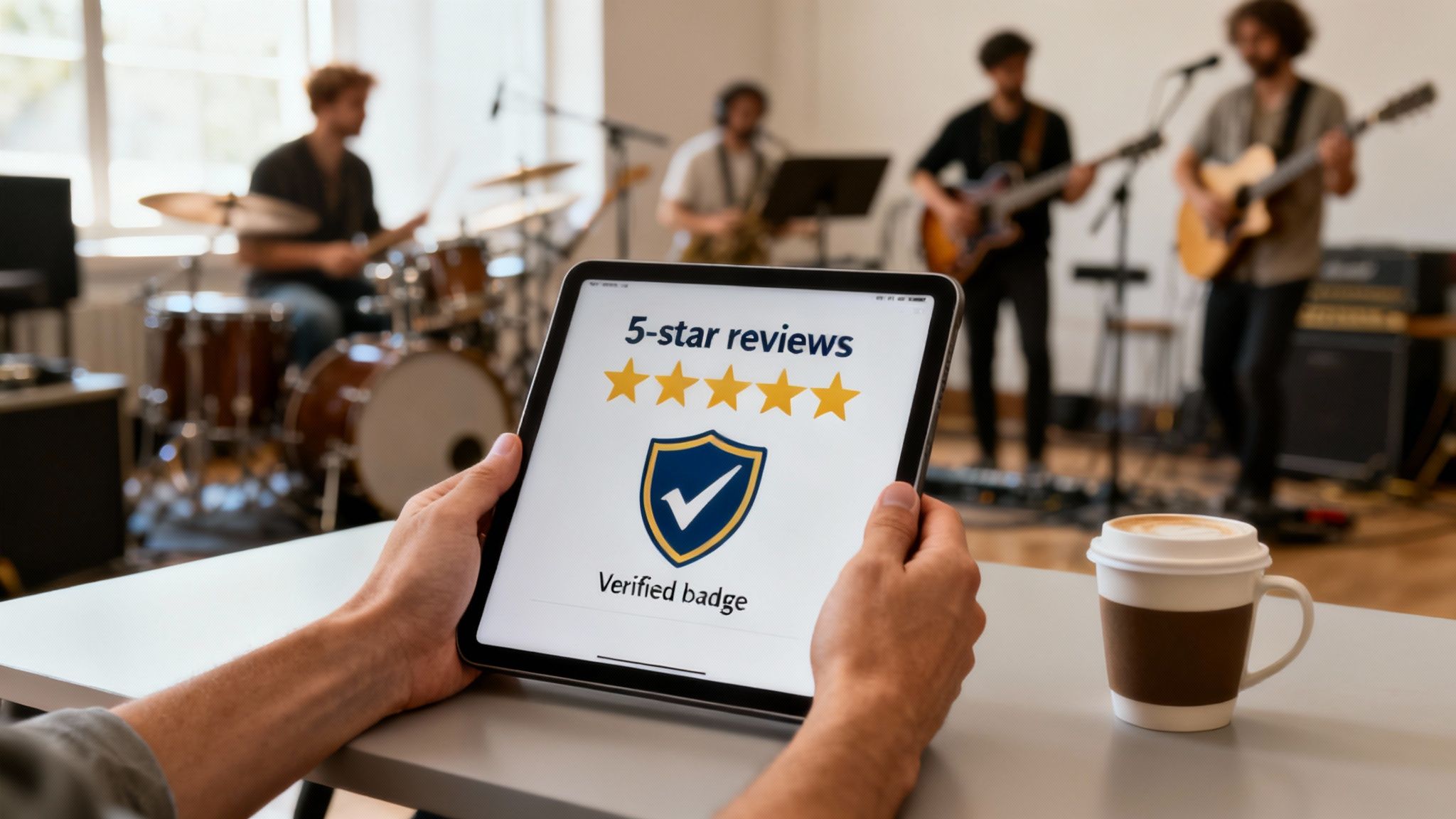 A person holds a tablet displaying 5-star reviews and a verified badge, with a live band playing in the background.