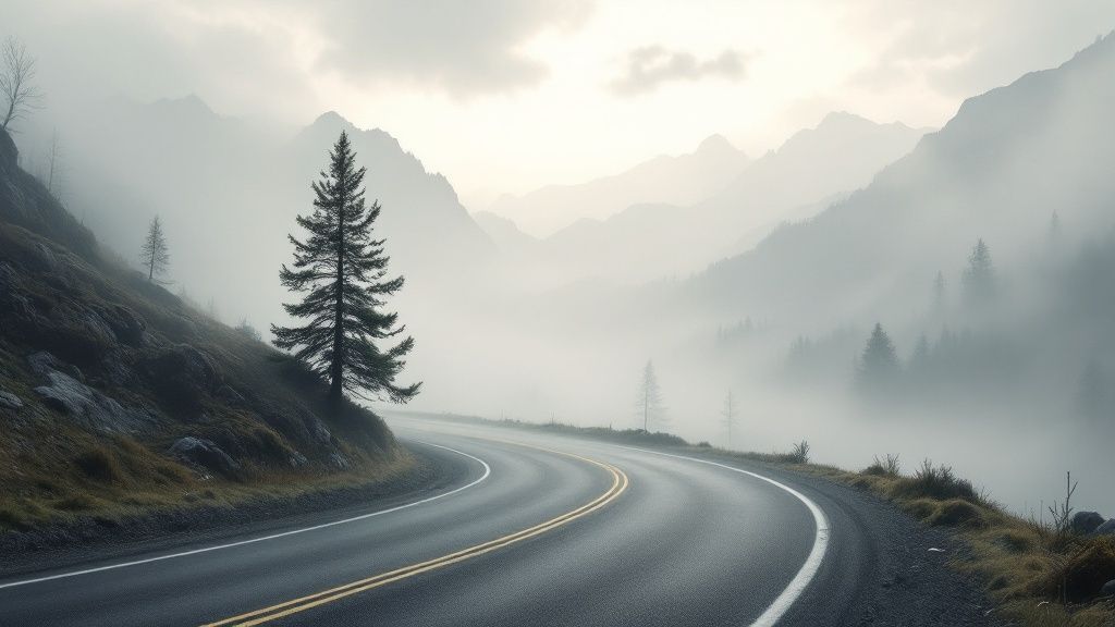 A foggy road winding through the Smoky Mountains, with headlights on