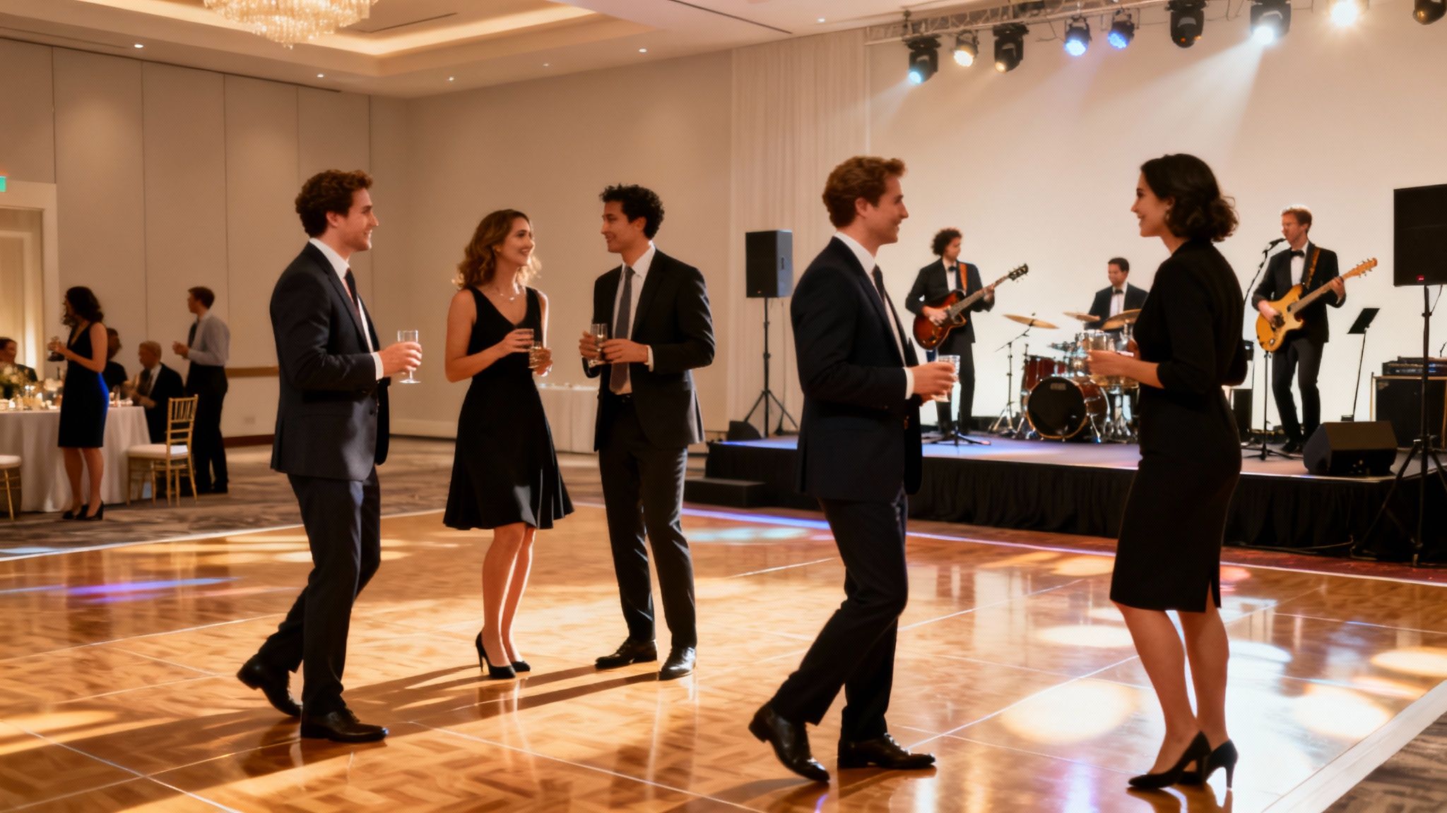 Attendees mingle and socialize on a dance floor while a live band performs at a corporate event.