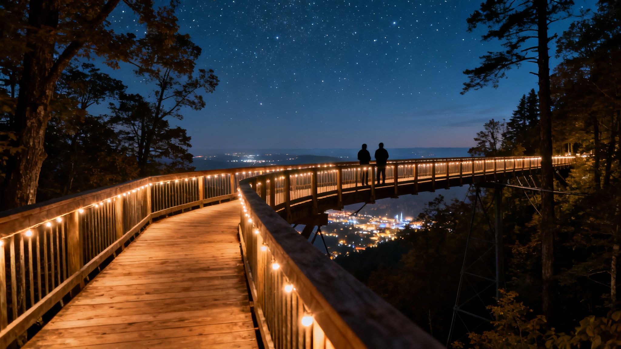 Two people on a brightly lit wooden boardwalk overlooking a distant city under a stunning starry night sky.