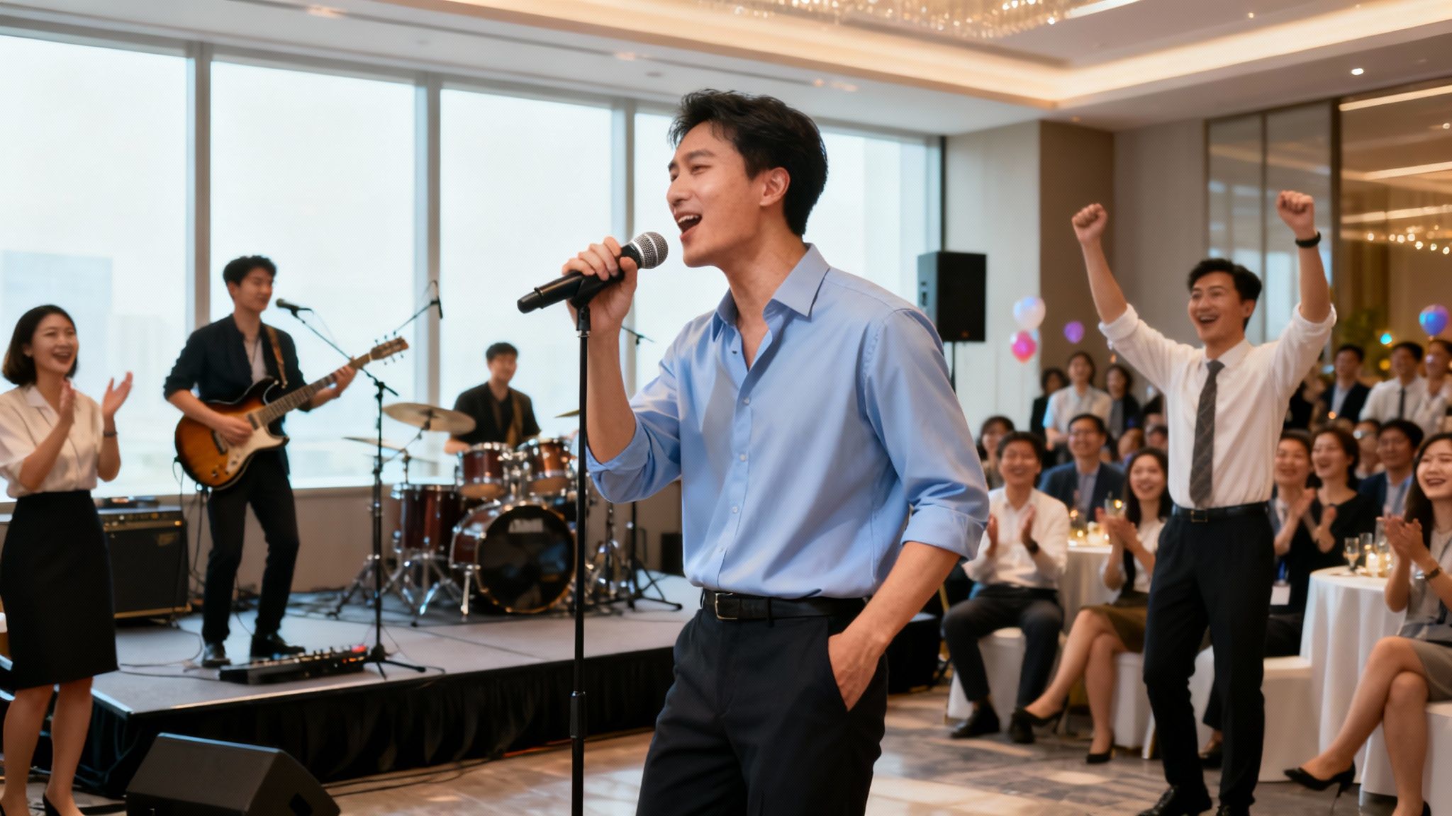 A person enthusiastically singing on stage with a live band at a corporate event.