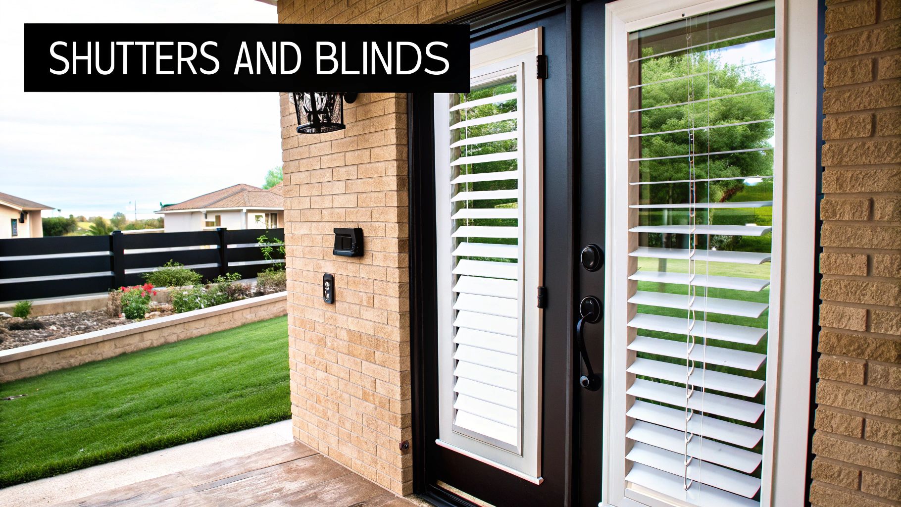 Exterior view of a brick house featuring a dark door with an integrated white plantation shutter.