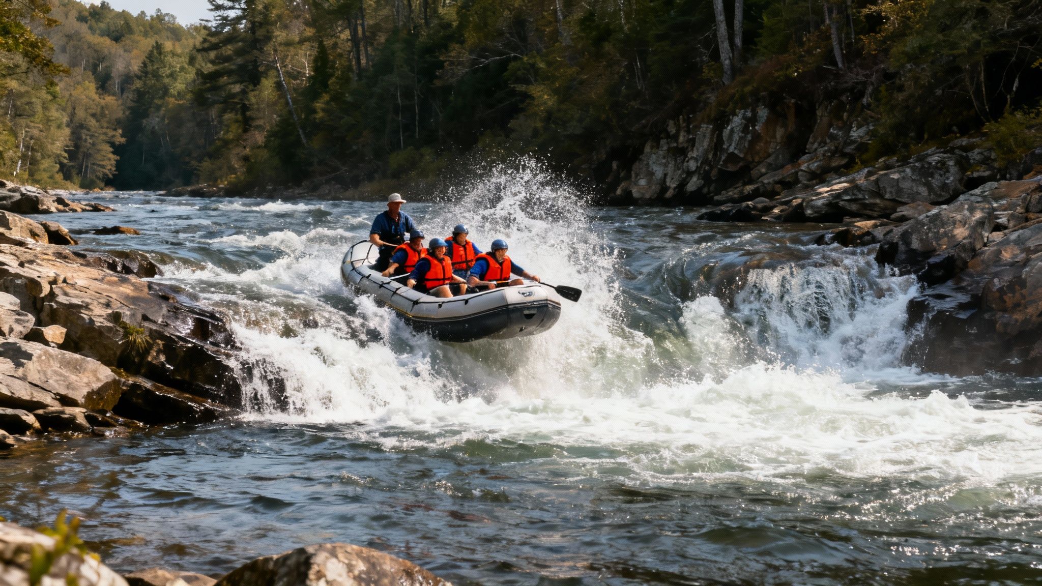 Five people white water rafting through turbulent rapids on a scenic, rocky river.