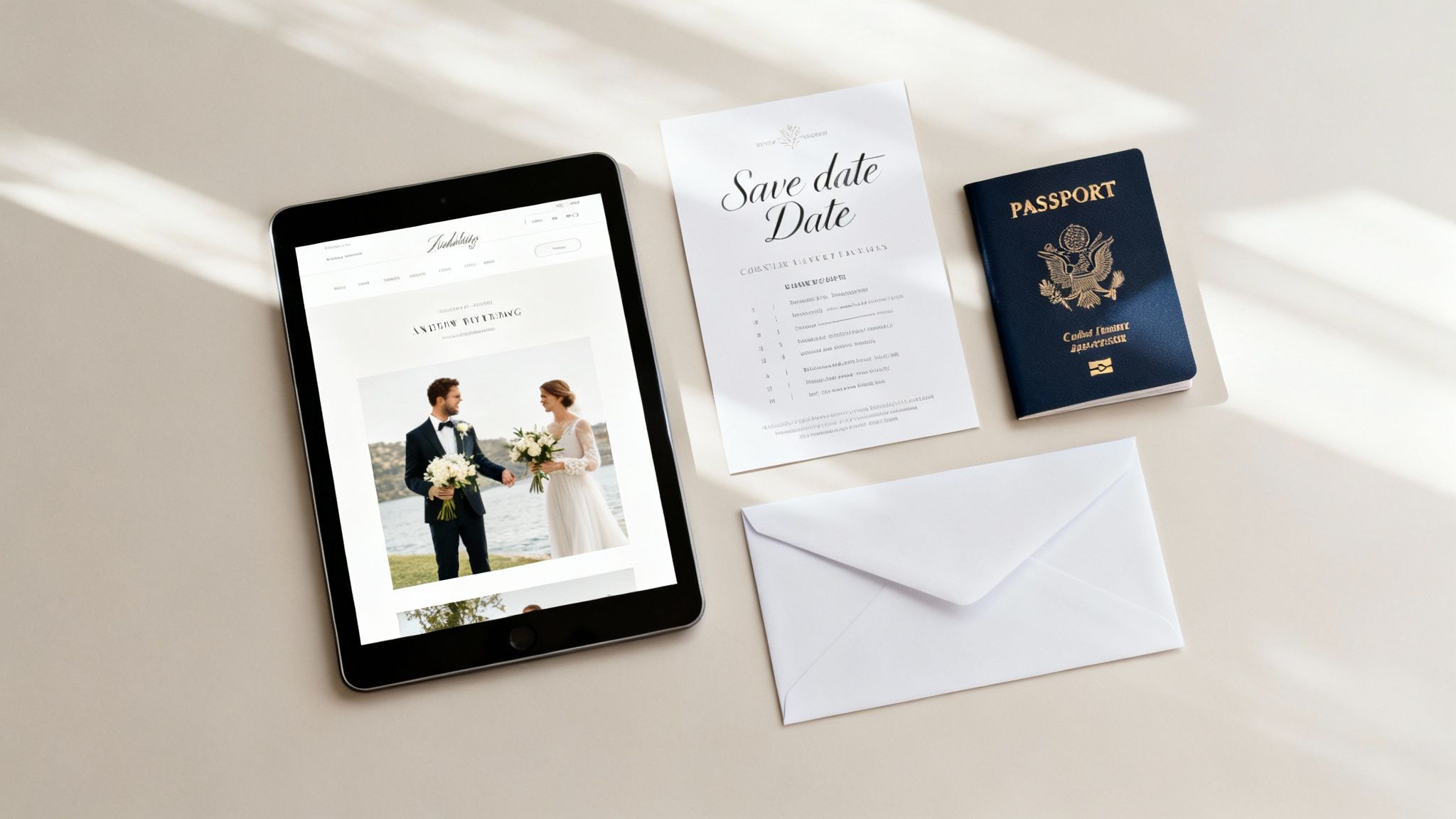 A group of friends laughing and celebrating at a destination wedding reception.