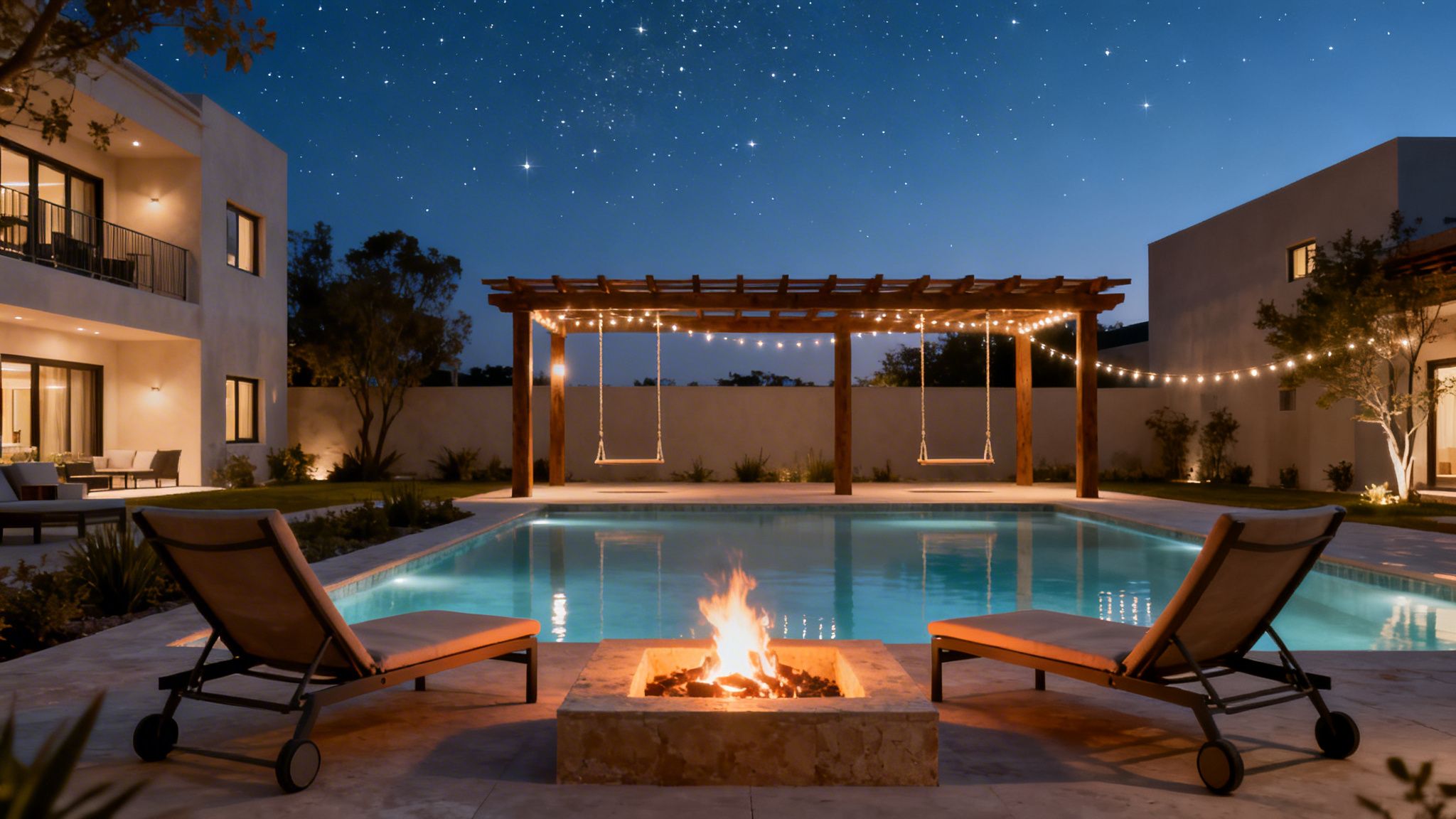 A luxurious backyard at night with a swimming pool, fire pit, pergola, and modern house under a starry sky.