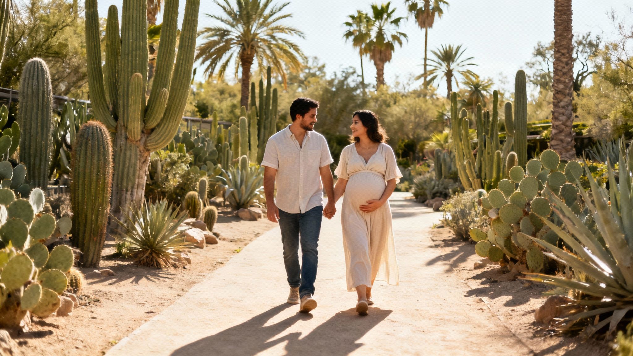Couple enjoying a peaceful moment in the stylish courtyard of The Muse Hotel Palm Springs.