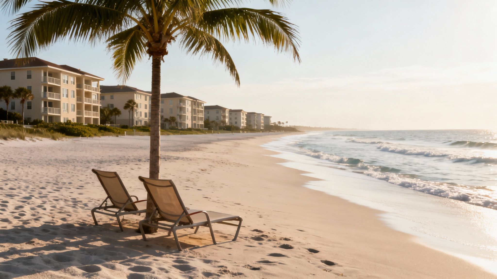 A serene beach scene with two lounge chairs under a palm tree, ocean waves, and resort buildings.
