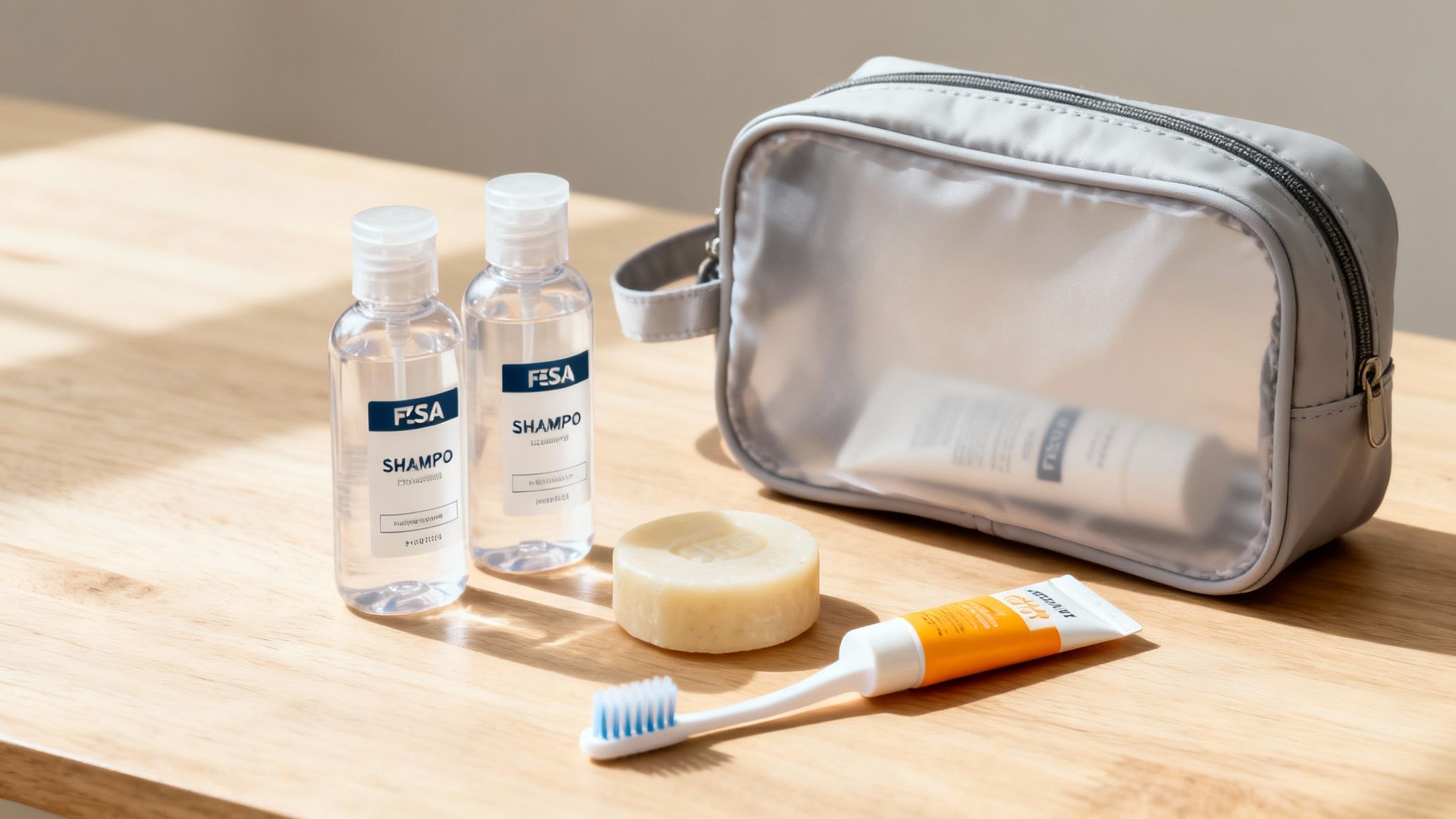 Travel-sized shampoo bottles, a soap bar, toothbrush, toothpaste, and a clear toiletry bag on a wooden surface.