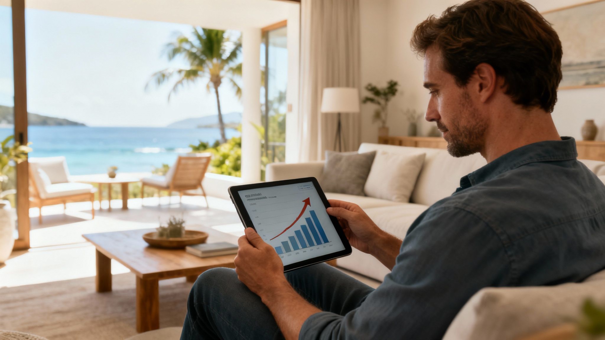 A man relaxed in a seaside living room, reviewing a business growth chart on his tablet.