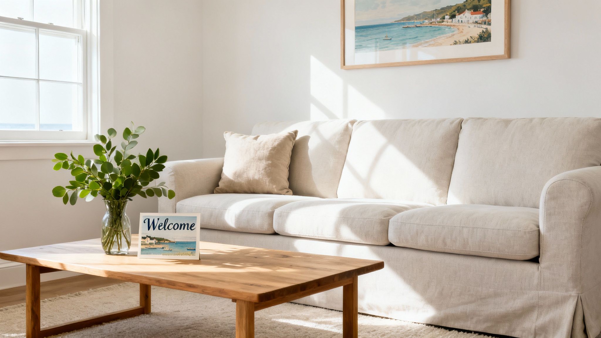 A bright, minimalist living room with a cream sofa, wooden coffee table, and a 'Welcome' sign.