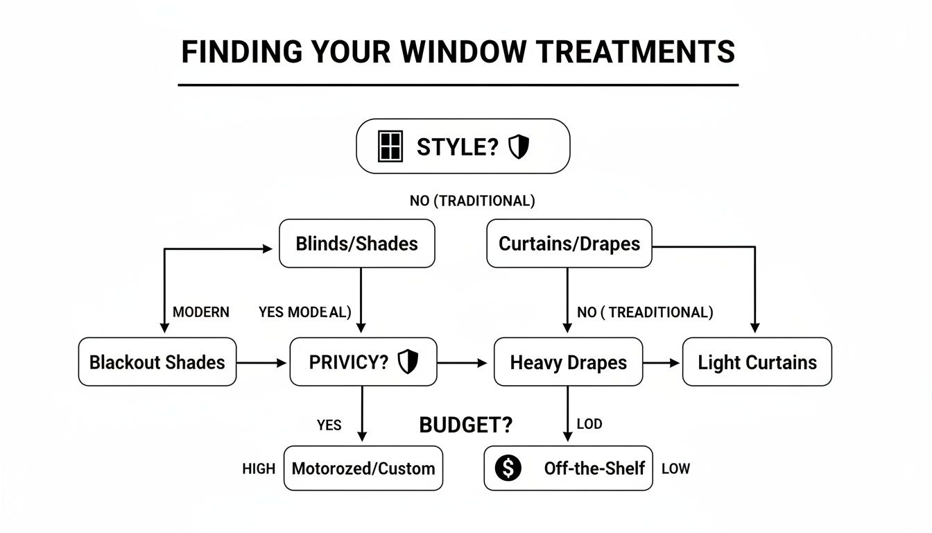 A flowchart guiding users to select window treatments based on style, privacy, and budget preferences.