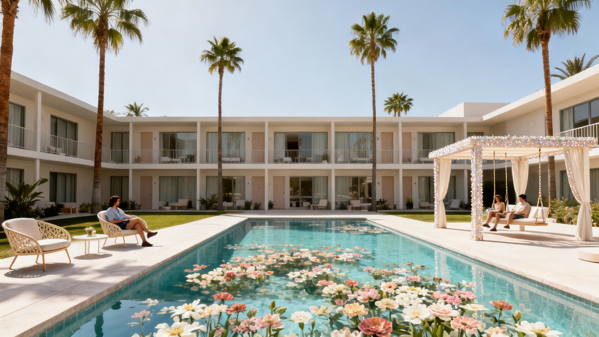 A serene resort pool with floating flowers, palm trees, and guests relaxing.