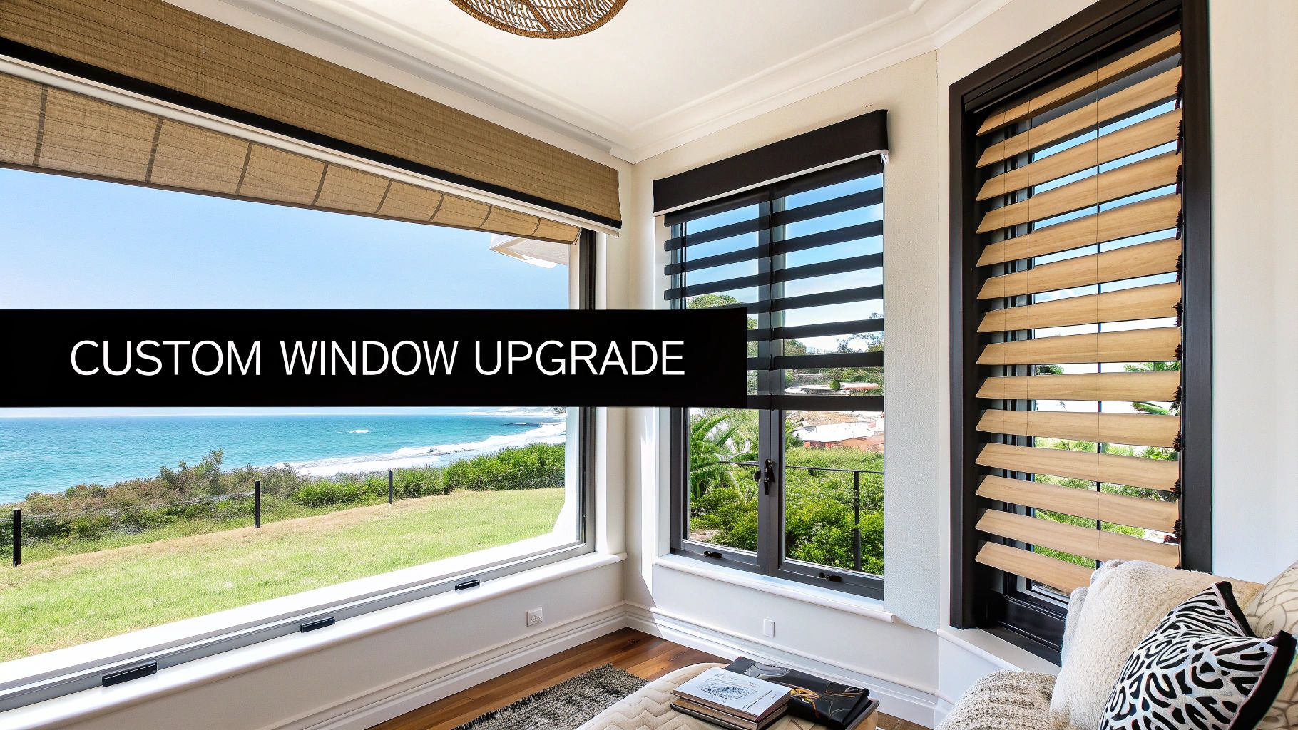 Modern coastal living room featuring custom window treatments with horizontal blinds and bamboo shades overlooking ocean view